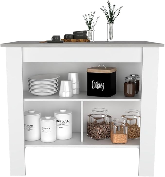 Modern Dining Table Kitchen Island Table 35in H Four Legs Three Open Shelves Sturdy Stable Easy Clean Adjustable Expandable Luxury Counter Console Living Room Decor