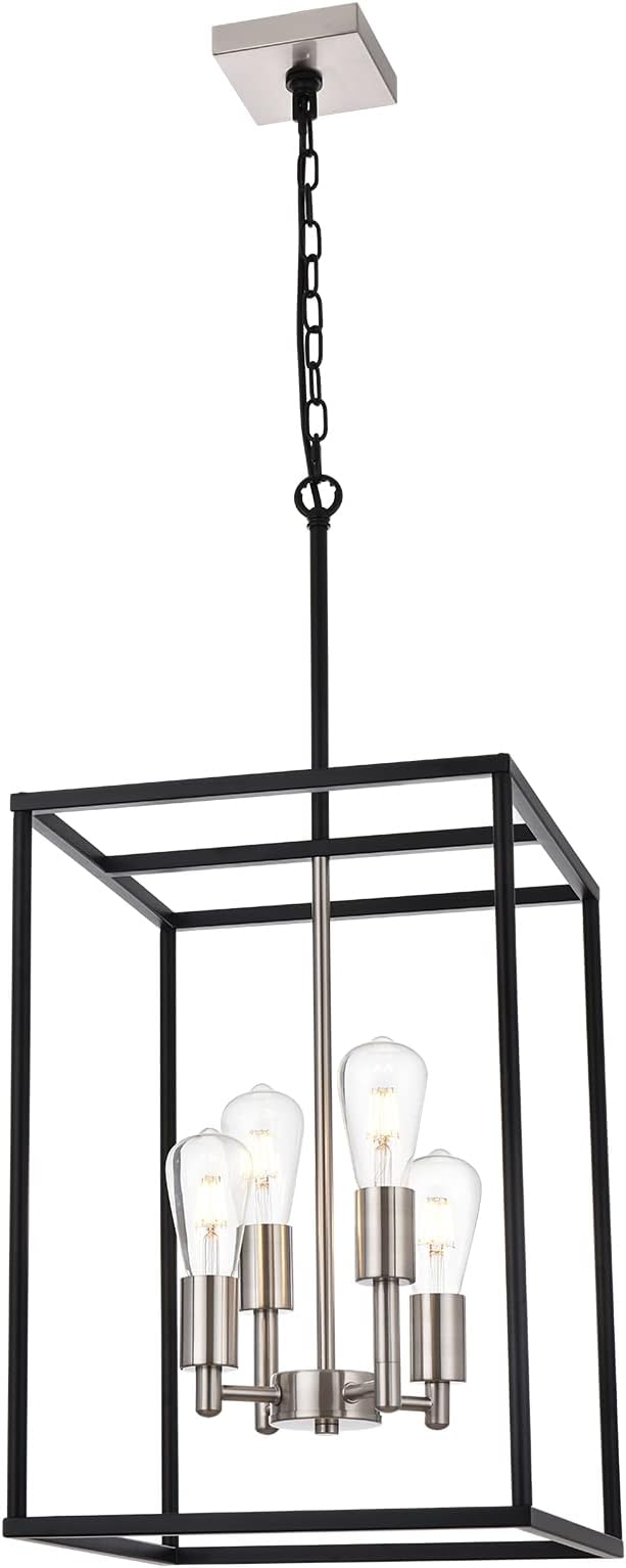 VINLUZ 4-Light Lantern Chandelier Light Fixture Black and Brushed Nickel Finish Industrial Farmhouse Pendant Lighting Square Cage Kitchen Island Hanging Ceiling Light for Dining Room