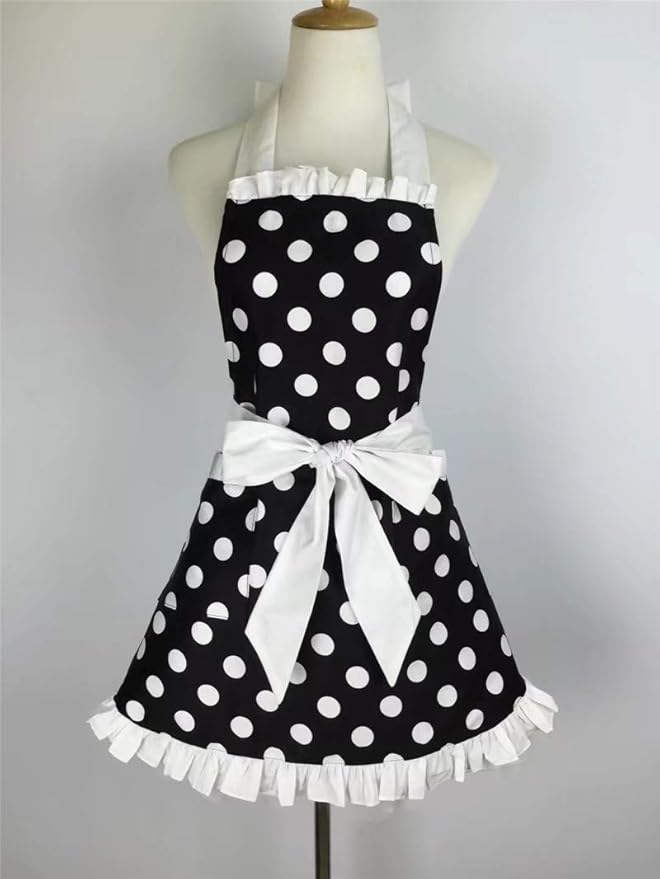 Hyzrz Cute Apron Retro Black Polka Dot Retro Ruffle Side Vintage Cooking Aprons with Pockets for Women Girls (Side White)