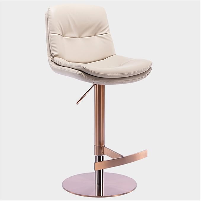 Adjustable with Back, Counter Height Kitchen Island Chair, Titanium Brushed Stainless Steel Leather Heavy Base for Coffee,Khaki-Rose Gold
