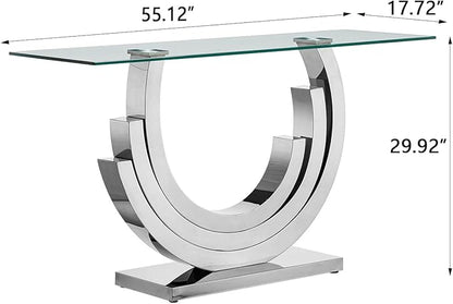 HomVent 55.12" Glass Console Table, Living Room Entry Tables, Modern Narrow Silver Tempered Glass Top Side Tables Bedroom, Rectangle Bedside Eating Tables for Home Office with Stainless Steel Base