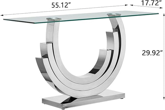 HomVent 55.12" Glass Console Table, Living Room Entry Tables, Modern Narrow Silver Tempered Glass Top Side Tables Bedroom, Rectangle Bedside Eating Tables for Home Office with Stainless Steel Base