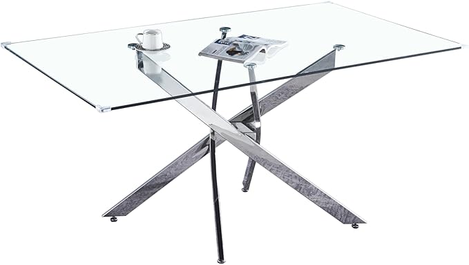 Luxury Silver Glass Dining Table for 4 Modern 51" Rectangular Kitchen & Dining Room Table with X-Shape Stainless Steel Base Large Clear Glass Top Dining Table for Home Office