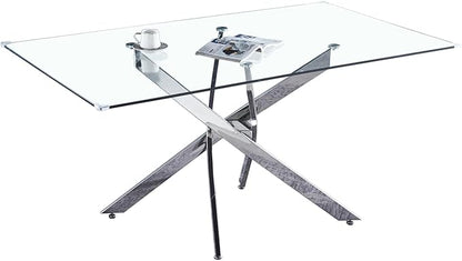 Luxury Silver Glass Dining Table for 4 Modern 51" Rectangular Kitchen & Dining Room Table with X-Shape Stainless Steel Base Large Clear Glass Top Dining Table for Home Office