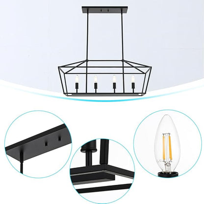 BONLICHT 4 Light Kitchen Island Linear Pendant Lighting Industrial Large Black Farmhouse Chandelier Modern Rectangle Dining Room Light Fixtures Hanging Ceiling Over Table,E12 Base