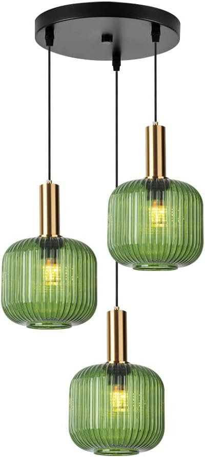 3-Light Mid-Century Modern Pendant Light with Green Glass Globes Vintage Gold Finish, Kitchen Island Chandelier for Dining Room, Bar, Breakfast Nook