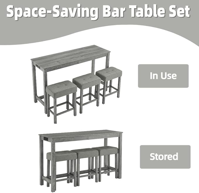 59 inch Bar Table and Chairs Set with with Power Outlet, Industrial Hight Counter Height Bar Table with 3 Upholstered Stools,4 Pieces Space-Save Breakfast Table Set for Kitchen Dining Room Cafe(Grey)