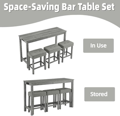 59 inch Bar Table and Chairs Set with with Power Outlet, Industrial Hight Counter Height Bar Table with 3 Upholstered Stools,4 Pieces Space-Save Breakfast Table Set for Kitchen Dining Room Cafe(Grey)