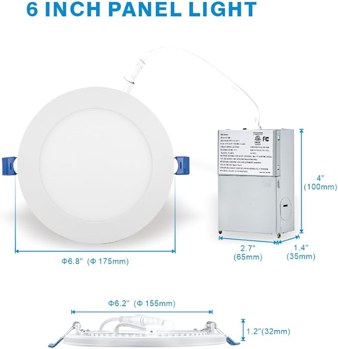 12 Pack 6 Inch LED Recessed Light with Night Light, 5CCT, Ultra-Thin with Junction Box 12W,1080lm, Dimmable Non-Can Downlight, High Brightness, ETL approva