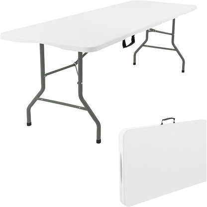 Fivenl 5 Feet Portable Folding Table White, Steel Legs Fold-in-Half with Carrying Handle Rectangular Plastic Foldable Table for Party, Wedding, Camping, Picnic, Dining, Indoor Outdoor Events