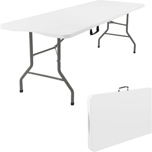 Fivenl 5 Feet Portable Folding Table White, Steel Legs Fold-in-Half with Carrying Handle Rectangular Plastic Foldable Table for Party, Wedding, Camping, Picnic, Dining, Indoor Outdoor Events