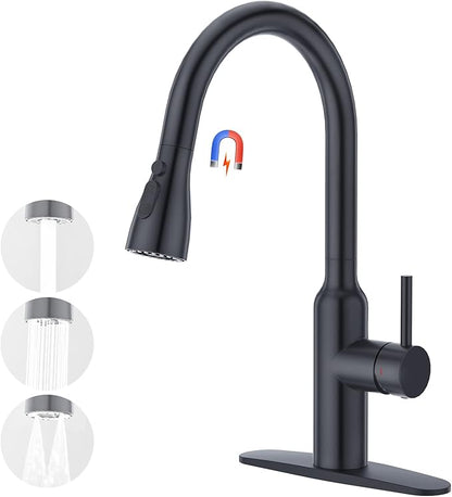 CREA Black Kitchen Faucet, Pull Down Kitchen Faucets with Sprayer 3 Modes, Uitility Laundry Faucets Single Hole Bar Sink Faucet 360° Swivel High Arc Stainless Steel RV Faucet, Matte Black
