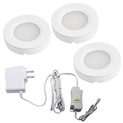 LED Under Cabinet Lighting Kit - 2Watt Warm White LED Puck Lights with UL-Listed Power Adapter for Closet, Kitchen Cabinet, Under Counter Lighting (Surface & Recessed Mount), 3Pcs