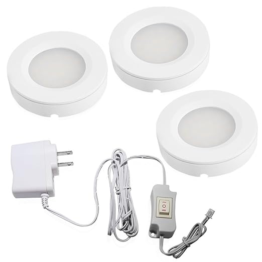 LED Under Cabinet Lighting Kit - 2Watt Warm White LED Puck Lights with UL-Listed Power Adapter for Closet, Kitchen Cabinet, Under Counter Lighting (Surface & Recessed Mount), 3Pcs