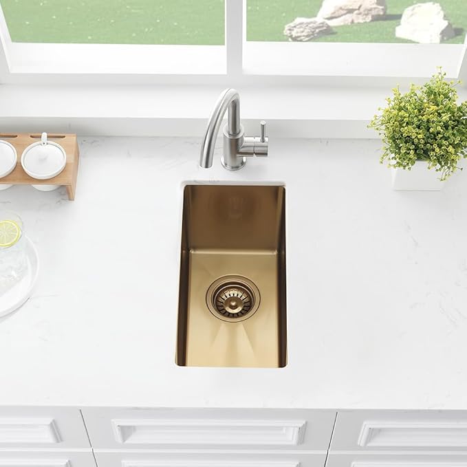 Gold Wet Bar Sink, 10 x 18 Inch Stainless Steel Small Undermount Kitchen Bar Sink 16 Gauge Single Bowl with Grid and Drain Strainer