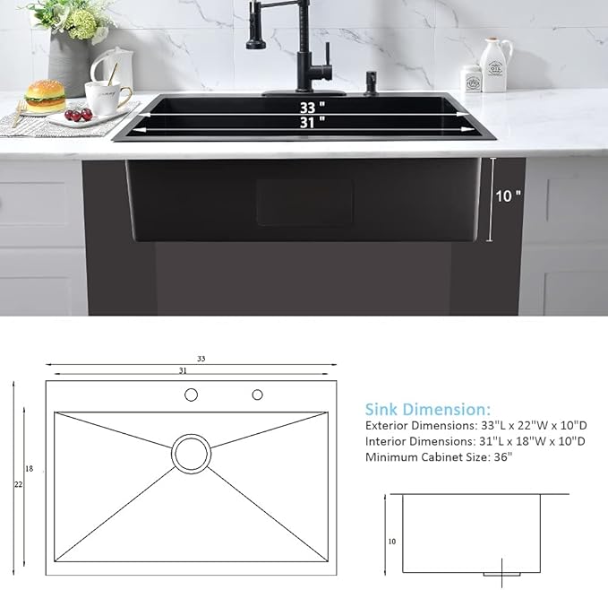 33-Inch Black Stainless Steel Drop-In Kitchen Sink - 33x22 Topmount Single Bowl With Dish Grid & Roll Up Rack - 16 Gauge Deep Matte Black