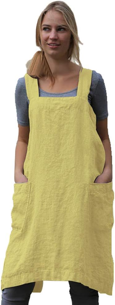 Larmliss Women's Pinafore Square Apron Baking Cooking Gardening Works Cross Back Cotton/Linen Blend Dress with 2 Pockets