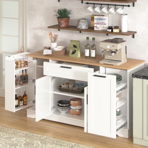 Bellemave Sideboard Buffet Cabinet with Drawer & Adjustable Shelves, Modern Kitchen Pantry with 3-Tier Pull-Out Rack, Coffee Bar Cabinet with Storage for Dining Room, Living Room, Kitchen (White/54)