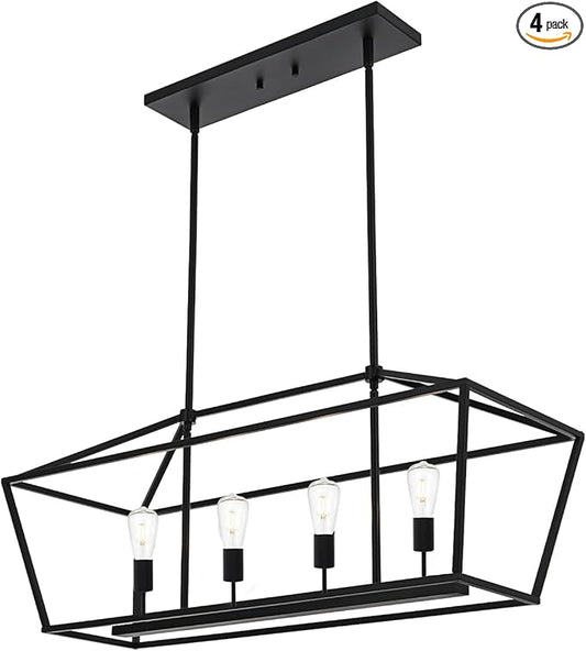 BONLICHT Kitchen Island Lighting 4 Lights in Matte Black Finish Farmhouse Chandelier Industrial Pendant Hanging Light Fixture for Dining Room Living Room Foyer