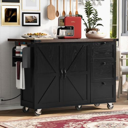 Kitchen Island Cart with Internal Storage Rack, 54.5'' Rolling Kitchen Island Table with Power Outlet, Drop Leaf, Spice/Towel Rack and Drawer, Mobile Kitchen Islands with Storage on Wheels (Black)