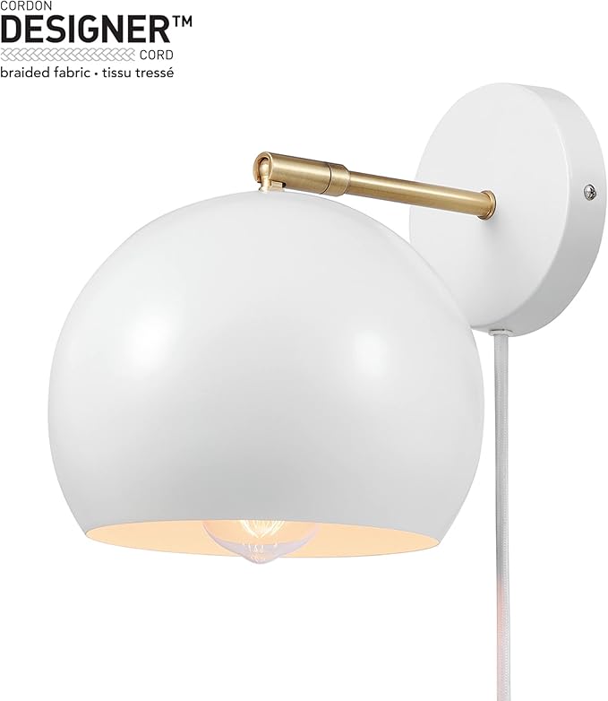 Globe Electric 52077 1-Light Plug-in or Hardwire Wall Sconce, Matte White, Brass Accent Arm, Modern Wall Light for Apartments or Renters, Bedroom, Dining or Living Room Lighting, Home Decor