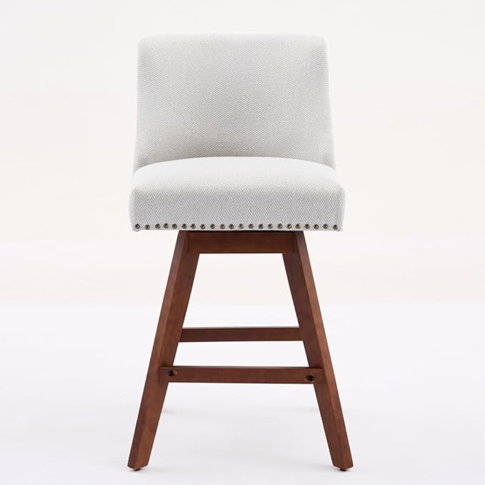 Comfortable Upholstered Swivel Bar Stool with Wooden Legs and Soft Fabric Seat for Kitchen Island or Home Bar Use (Beige + Wood+Fabric + Foam)