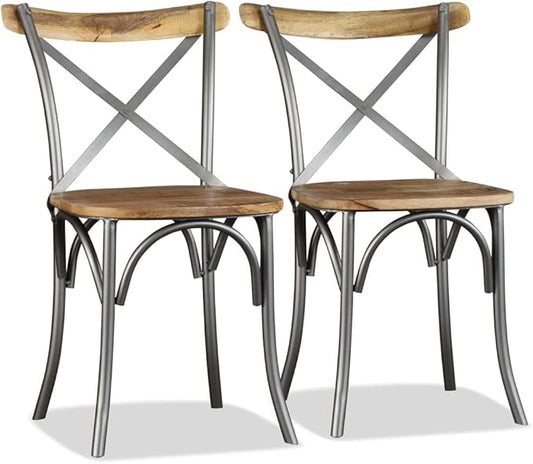 Solid Mango Wood Dining Chairs Set of 4 with Steel Cross Back Design Industrial Style Furniture for Kitchen Living Room and Restaurant Use