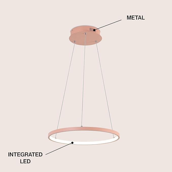 JONATHAN Y 15.75" Matte Pink Modern Integrated LED Pendant Light, Dimmable Round Hoop Chandelier for Kitchen Island, Dining Room, Adjustable Height Metal Hanging Light (JYL7202B)