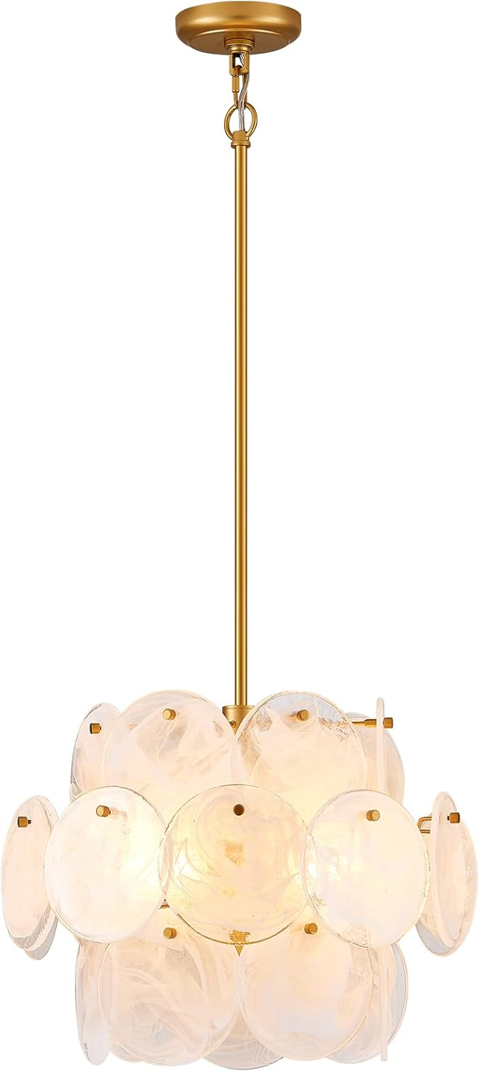 Dia 15.75 Inches Modern Glass Chandelier for Foyer, Gold Dining Room Light Fixture, Large Vintage Pendant Chandelier for Bedroom Entryway Farmhouse