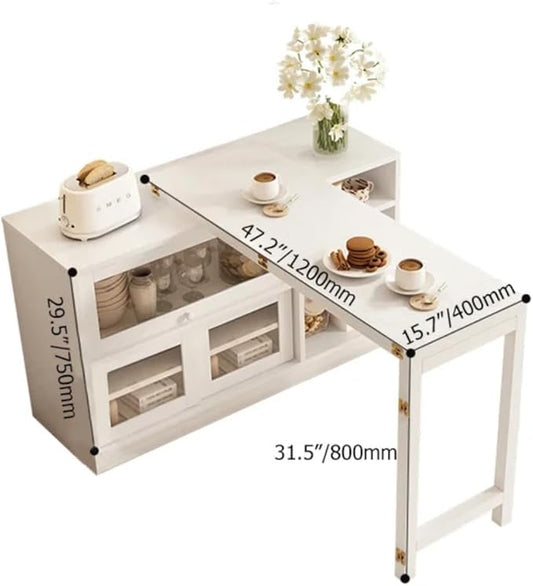 homary 47" Large Buffet Sideboard Cabinet Extendable Wood Kitchen Storage Cabinet with 3 Doors, Foldable Dining Table with Extension Leaves, White (White)