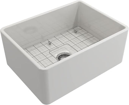 BOCCHI Classico White Apron Front Fireclay 24 in. Single Bowl Kitchen Sink with Protective Bottom Grid, Strainer, and Chrome Faucet