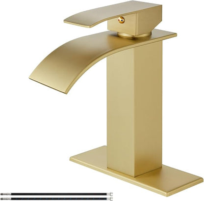 Airuida Brushed Gold Waterfall Spout Single Handle Bathroom Sink Faucet Single Hole Rv Lavatory Vanity Vessel Faucet Basin Mixer Tap with Deck Plate Supply Hoses 1 Hole or 3 Hole