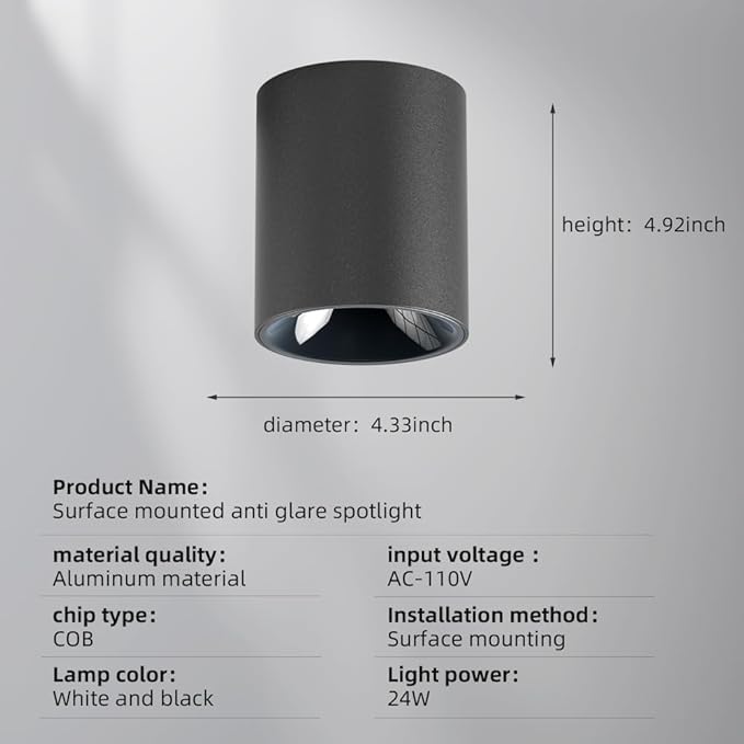 JAYMP Modern LED Ceiling Light 4000K Dimmable 24W COB Black Surface Mount Cylinder Accent Down Light for Living Room Hallway Laundry Room