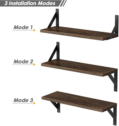 Forbena Rustic Floating Shelves Wall Mounted Set of 3, 17 Inch Natural Wood Wall Shelves, Decor Storage Shelf for Bedroom Bathroom Living Room Office Pictures Plants Books Cats TV (Rustic Brown)