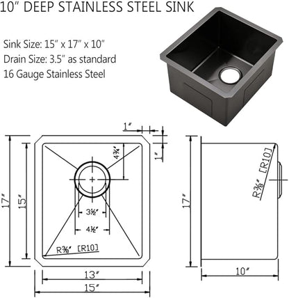 Black Undermount Bar Sink, 15 x 17 inch Undermount Kitchen Sink Small Wet Bar 16 Gauge Stainless Steel Single Bowl for Outdoor RV