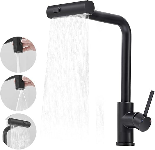 OWOFAN Kitchen Faucet with Pull Down Sprayer Black Waterfall Single Hole Single Handle Stainless Steel Kitchen Sink Faucets
