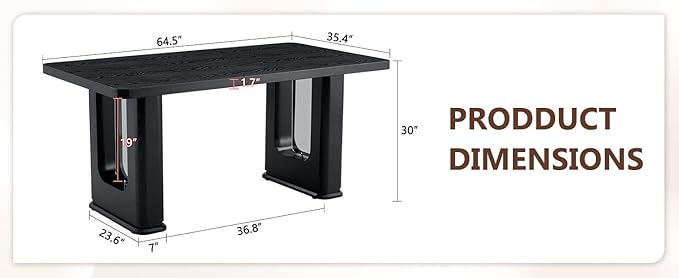 64.5 x 35.4 Inch Modern Black Wood Textured Dining Table with Glass Accent, MDF Top, Anti-Slip Feet for Kitchen, Studio, Family Gatherings