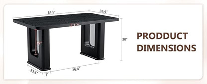 64.5 x 35.4 Inch Modern Black Wood Textured Dining Table with Glass Accent, MDF Top, Anti-Slip Feet for Kitchen, Studio, Family Gatherings