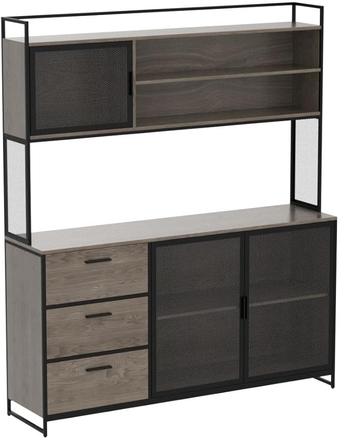 AGOTENI Large Kitchen Hutch Cabinet, Storage Cupboard Pantry with 3 Metal Doors, 3 Drawers & Microwave Shelf, for Kitchen Open Storage, Walnut (59" W x 15.7" D x 68.5" H)