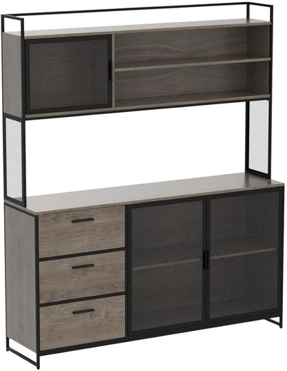 AGOTENI Large Kitchen Hutch Cabinet, Storage Cupboard Pantry with 3 Metal Doors, 3 Drawers & Microwave Shelf, for Kitchen Open Storage, Walnut (59" W x 15.7" D x 68.5" H)