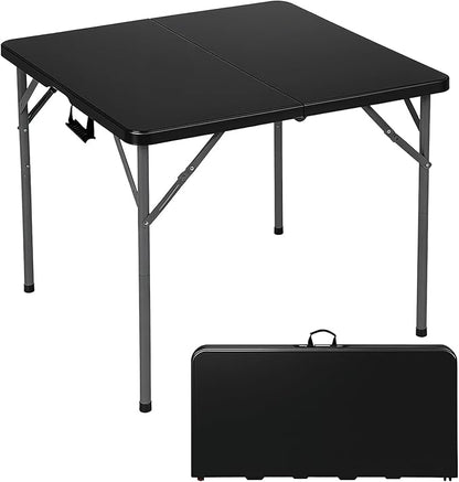 FDW 34" Square Outdoor Dining Table, Foldable Portable Plastic Folding Card Table with Built in Carrying Handle and Height Adjustable for Party and Wedding Use, Black