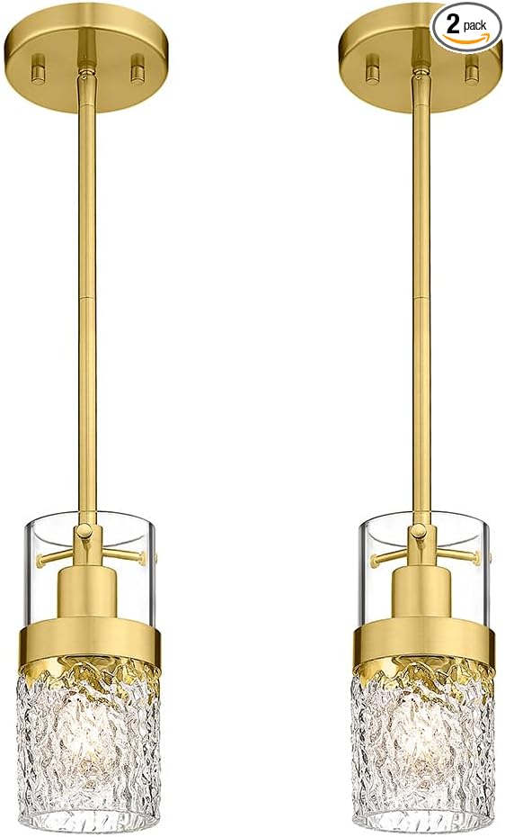 LMS 2-Pack Modern Pendant Lights, Brushed Gold Pendant Light Kitchen Island with Hammered Glass, Adjustable Hanging Light Fixtures for Kitchen, Dining Room, Living Room, LMS-171GD2
