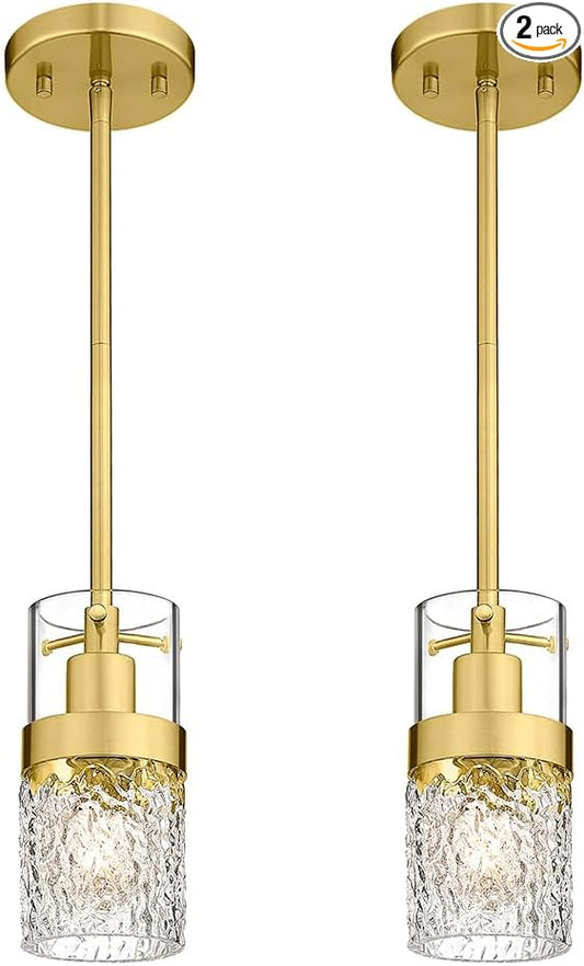 LMS 2-Pack Modern Pendant Lights, Brushed Gold Pendant Light Kitchen Island with Hammered Glass, Adjustable Hanging Light Fixtures for Kitchen, Dining Room, Living Room, LMS-171GD2