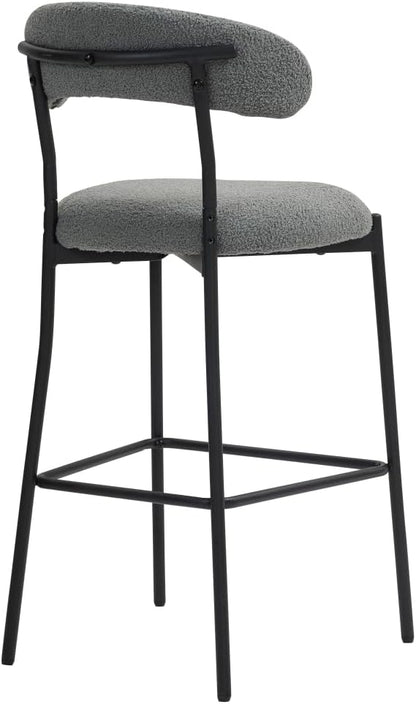26" Counter Height Bar Stools - Teddy Fabric Upholstered Kitchen Island Stools with Black Powder-Coated Metal Base & Integrated Footrest, Modern Farmhouse Style(Grey)