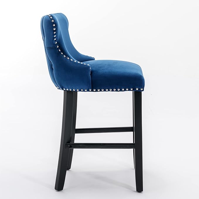 Rhomtree Elegant Button Tufted Upholstered Fabric Bar Stools with Nailhead Trim, Dining Side Chair, Leisure Padded Chairs with Solid Wooden Legs Home Kitchen Island Wooden Bar Chairs (Blue, Set of 4)