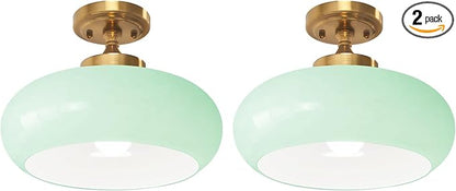 2-Pack Industrial Mint Green Flush Mount Ceiling Light Farmhouse Hallway Light Fixtures Glass Chandelier Vintage Farmhouse Lighting for Hallway Living Room Kitchen Entryway