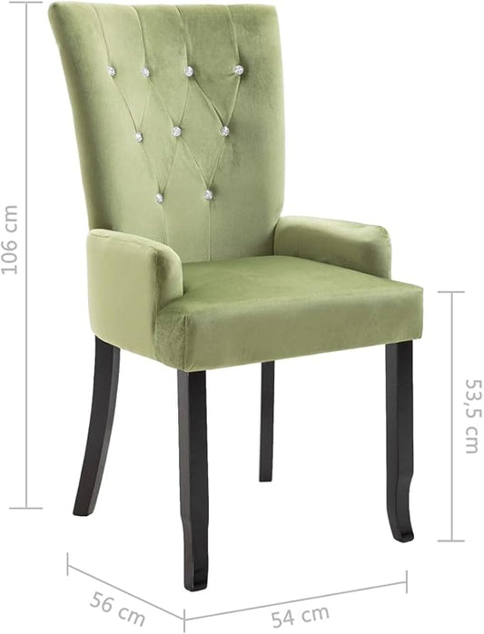 Light Green Velvet Dining Chair with Armrests - Modern Accent Chair for Kitchen, Dining Room, Farmhouse Decor - Oak Wood Frame with Crystal Details