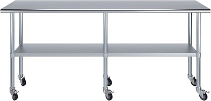Stainless Steel Work Table with Wheels | NSF Kitchen Island Food Prep | Laundry Garage Utility Bench (Table + Wheels, 84" Long x 18" Deep)