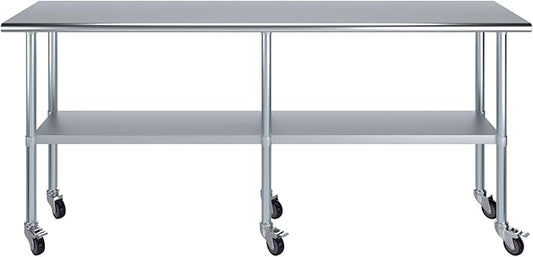 Stainless Steel Work Table with Wheels | NSF Kitchen Island Food Prep | Laundry Garage Utility Bench (Table + Wheels, 84" Long x 18" Deep)