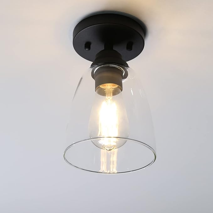 Yosoan Retro Semi Flush Mount Ceiling Light, 1-Light Vintage Industrial Hardwired 5.51'' Oval Cone Glass Shade for Kitchen Bathroom Cafe Corridor Hallway Entryway Passway (Black)